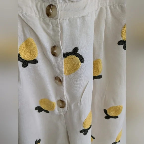 Anthropologie Red Carter Embroidered Lemon Ruffle Wide leg Flare Jumpsuit SMALL - Picture 4 of 15